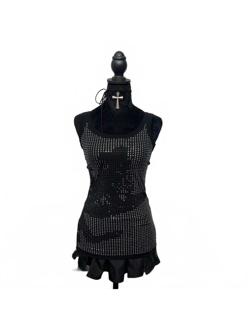 Y2K Parasuco Sz XS Black & Silver Bedazzled Tank Top Punk Rock 2000s Grunge